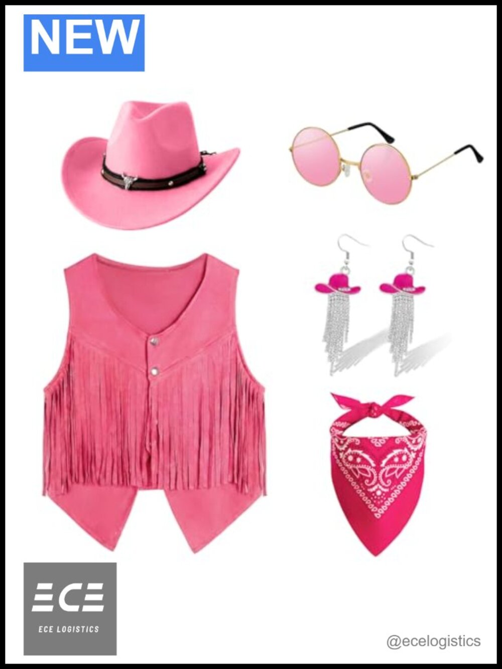 Girls Cowgirl Costume 6Pc Set Vest Hat Bandana Sunglasses Earrings Western